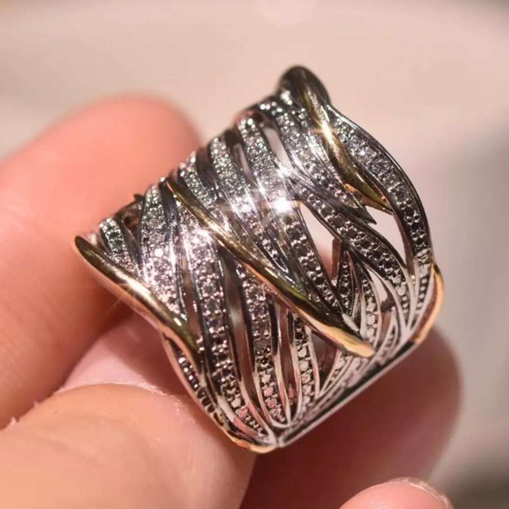 NEW TWO TONE 925 STERLING SILVER DIAMOND RING - Picture 3 of 8